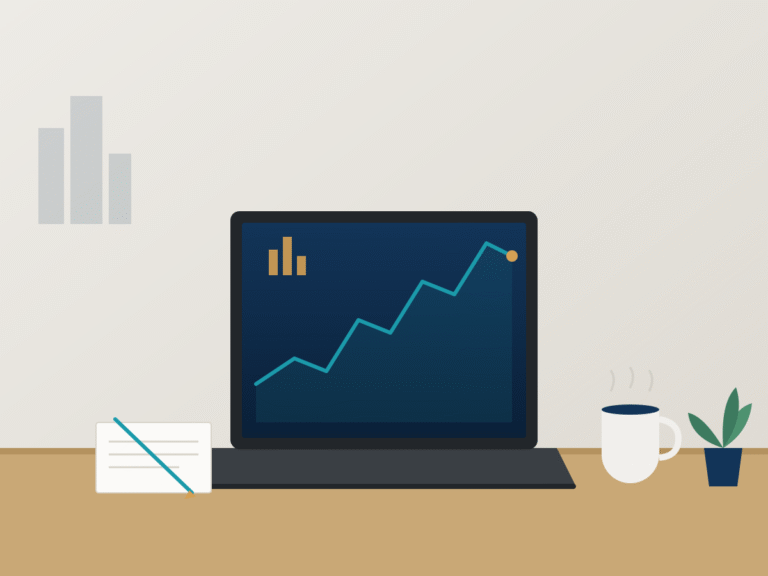 Ilustração de laptop mostrando gráfico de investimentos em alta